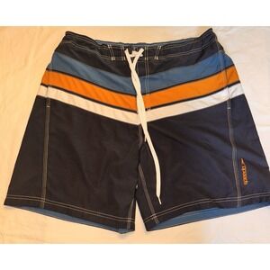 Speedo Mens XL Swim Trunks Navy Blue Stripe Colorblock Preppy Board Shorts Lined